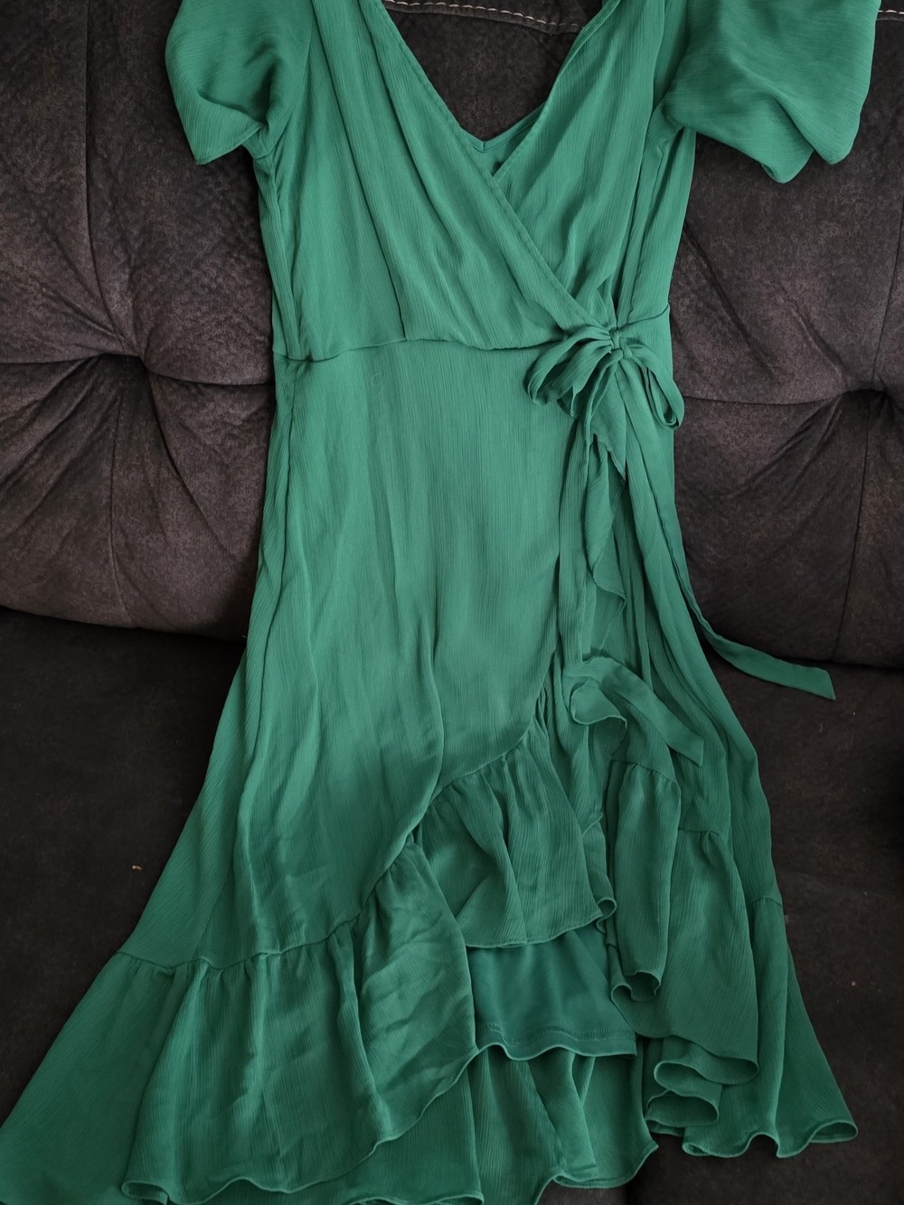Calvin Klein Emerald Green Wrap Midi Dress with Ruffle Hem